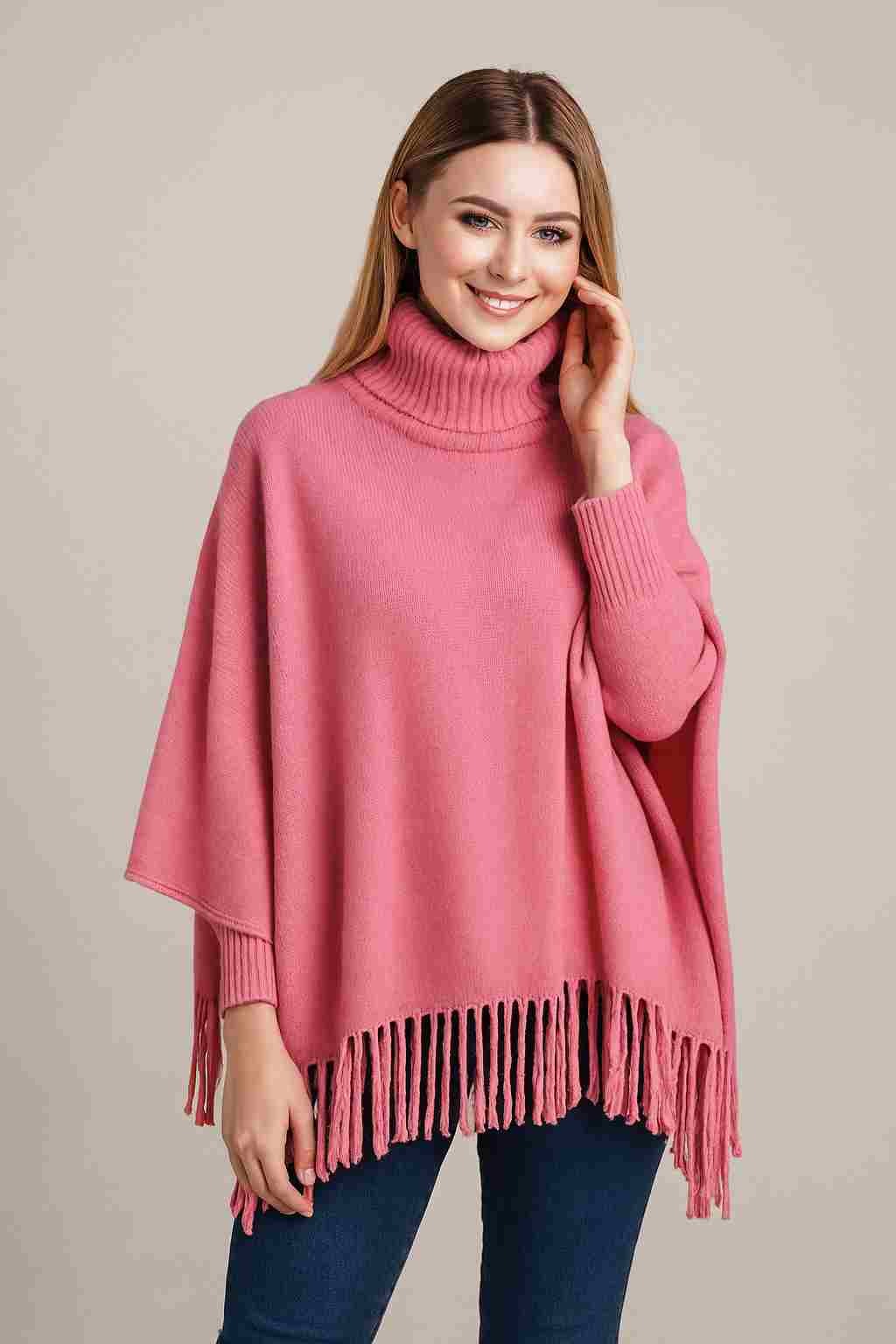 Winter Fleece Poncho with High Neck, Tassel Design & Adjustable Short Sleeves – For Girls/Princess Free Sizes