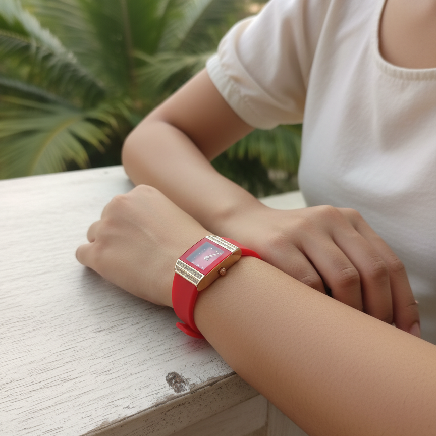 Luxury Women’s Diamond Quartz Watch – Elegant Square Dial Wristwatch With Crystal Accents And Stylish Silicone Strap